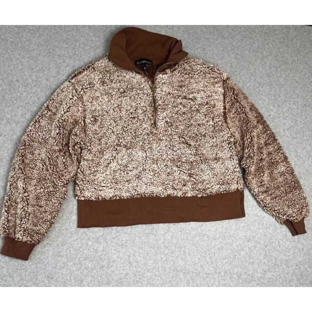 DEREK HEART Womens Sherpa Juniors Casual Pullover Half Zip Rib Sweater Brown L